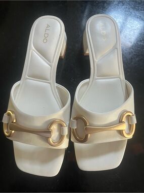 ALDO Cream Slide Mules with Gold Horsebit Accent